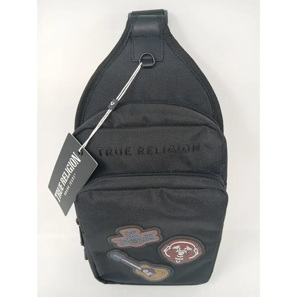 True Religion Black Crossbody Bag Men Zip Outer Pockets Guitar Character